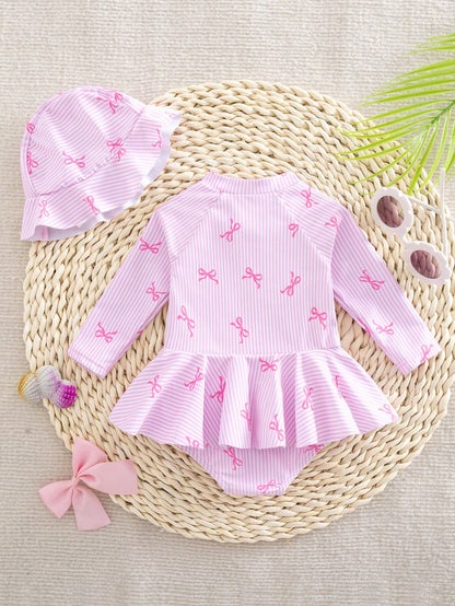 Newborn Baby Girls' One-Piece Swimsuit, Cute Bow Tie Digital Print Polyester Fabric Long Sleeve Romper With Ruffles And Hat, Beach Swimwear
