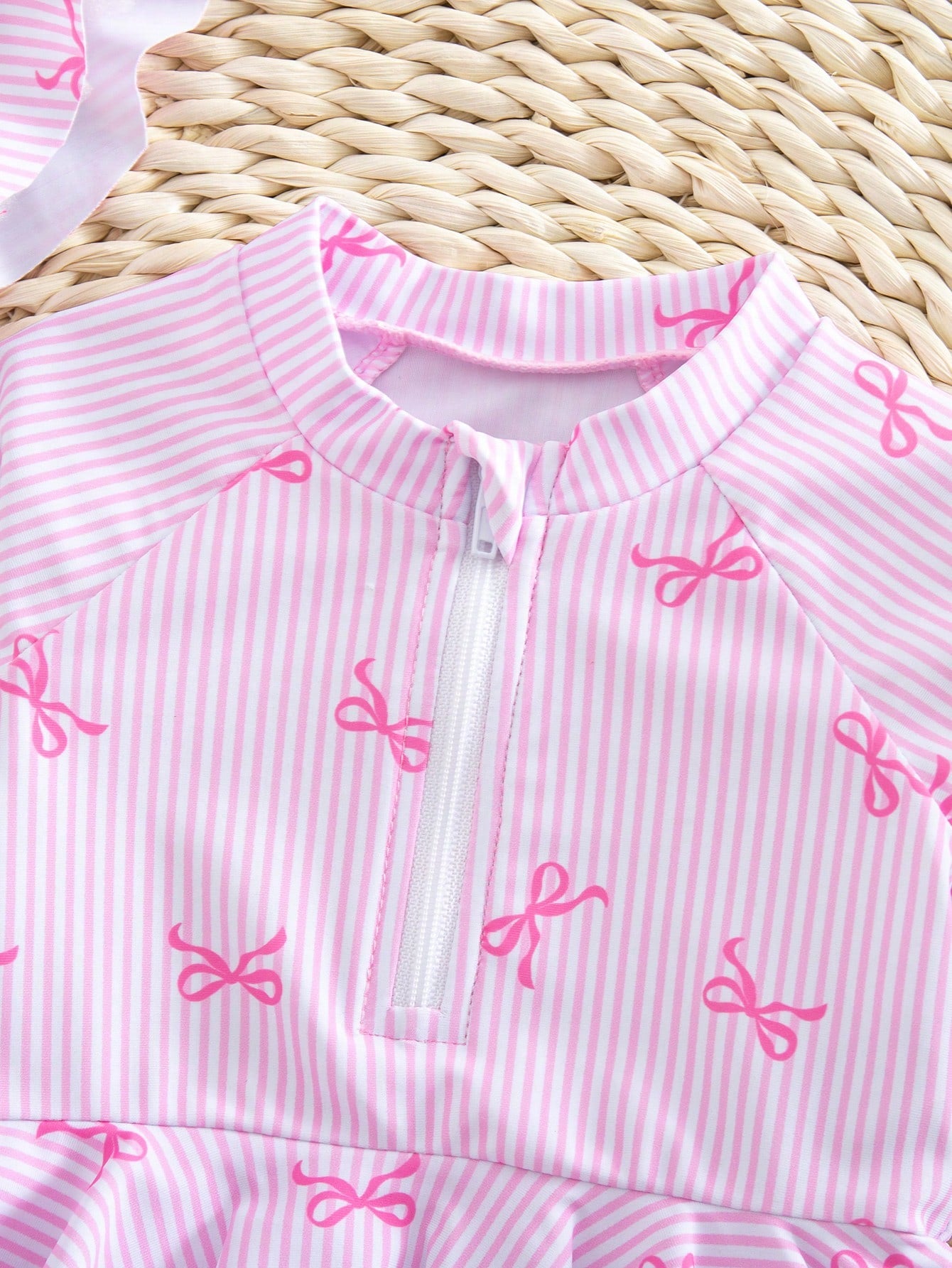 Newborn Baby Girls' One-Piece Swimsuit, Cute Bow Tie Digital Print Polyester Fabric Long Sleeve Romper With Ruffles And Hat, Beach Swimwear