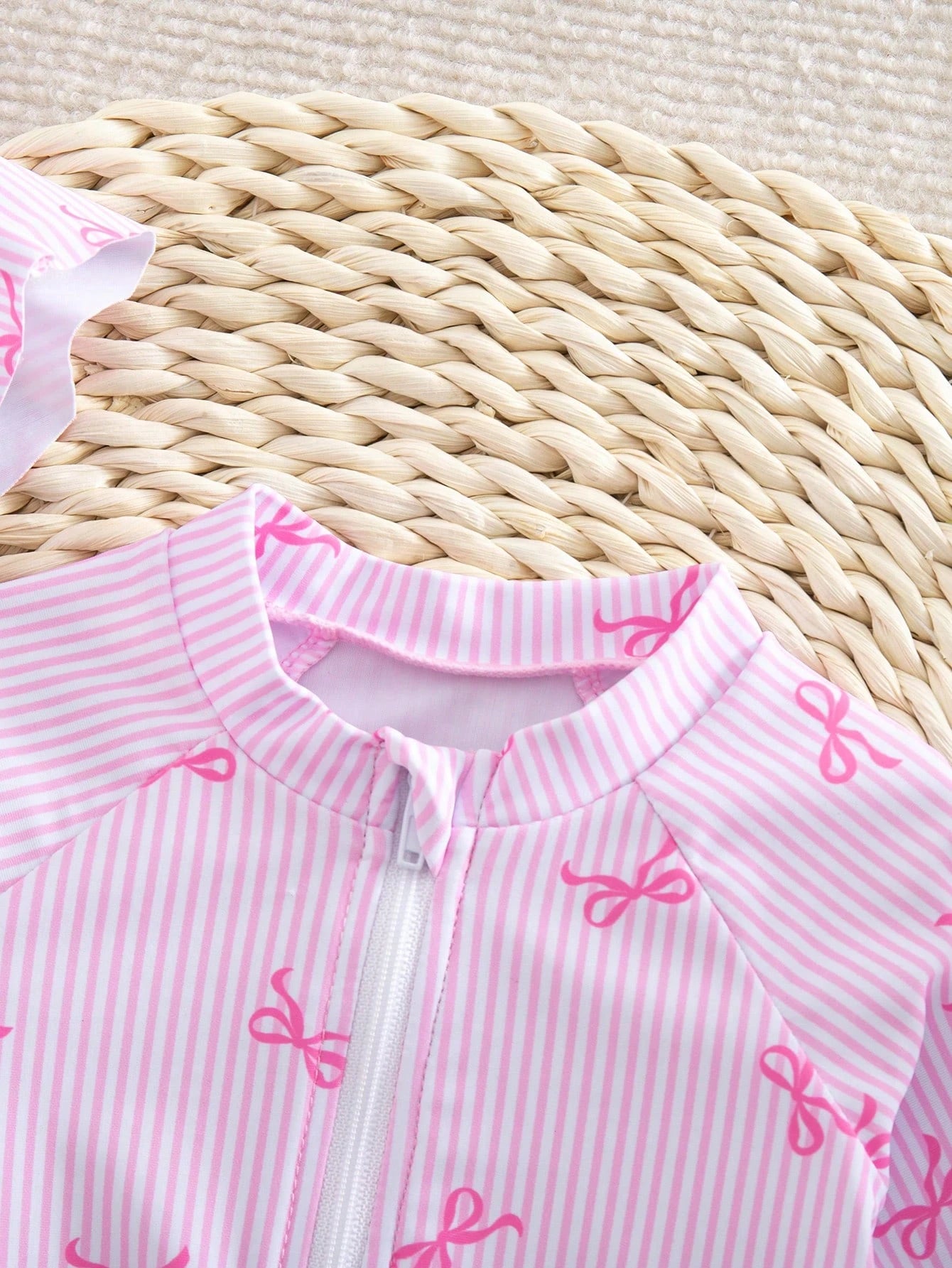 Newborn Baby Girls' One-Piece Swimsuit, Cute Bow Tie Digital Print Polyester Fabric Long Sleeve Romper With Ruffles And Hat, Beach Swimwear