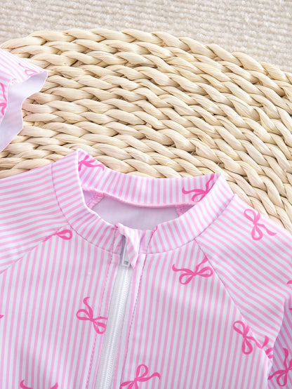 Newborn Baby Girls' One-Piece Swimsuit, Cute Bow Tie Digital Print Polyester Fabric Long Sleeve Romper With Ruffles And Hat, Beach Swimwear