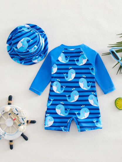 Newborn Baby Striped Dolphin Print One-Piece Swimsuit, Beach/Holiday,Kids