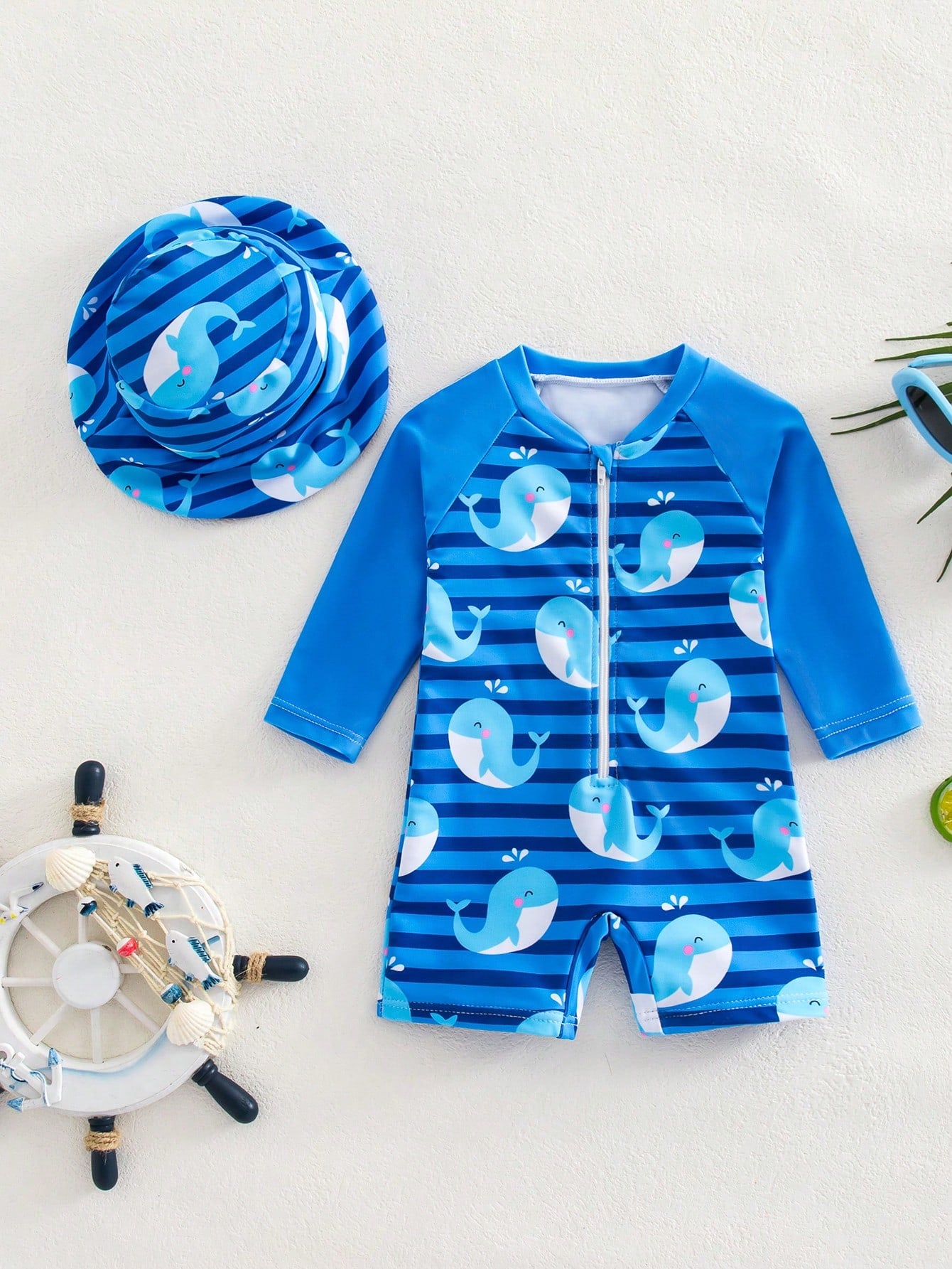 Newborn Baby Striped Dolphin Print One-Piece Swimsuit, Beach/Holiday,Kids