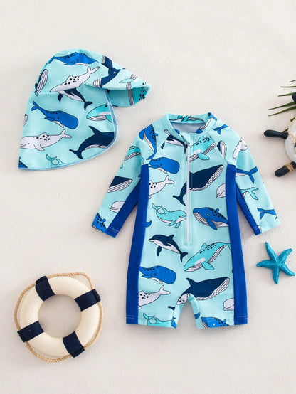 Newborn Baby Striped Dolphin Print One-Piece Swimsuit, Beach/Holiday,Kids