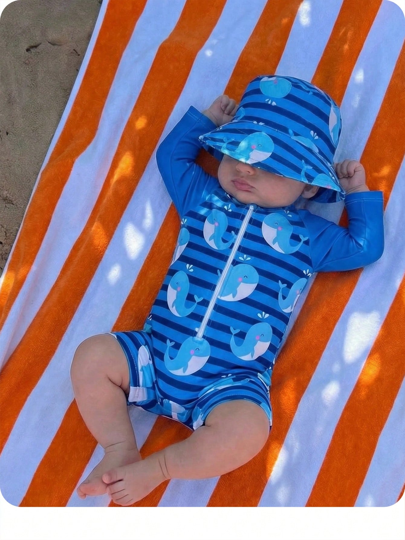 Newborn Baby Striped Dolphin Print One-Piece Swimsuit, Beach/Holiday,Kids