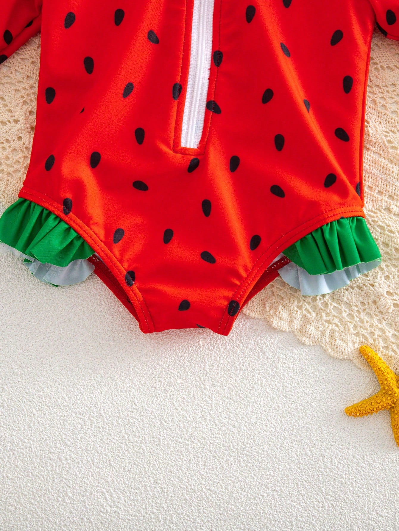 Newborn Baby Watermelon Print Color Block Ruffled One-Piece Swimsuit With Hat Beach Essentials Wear Swimwear For Bathing Suits