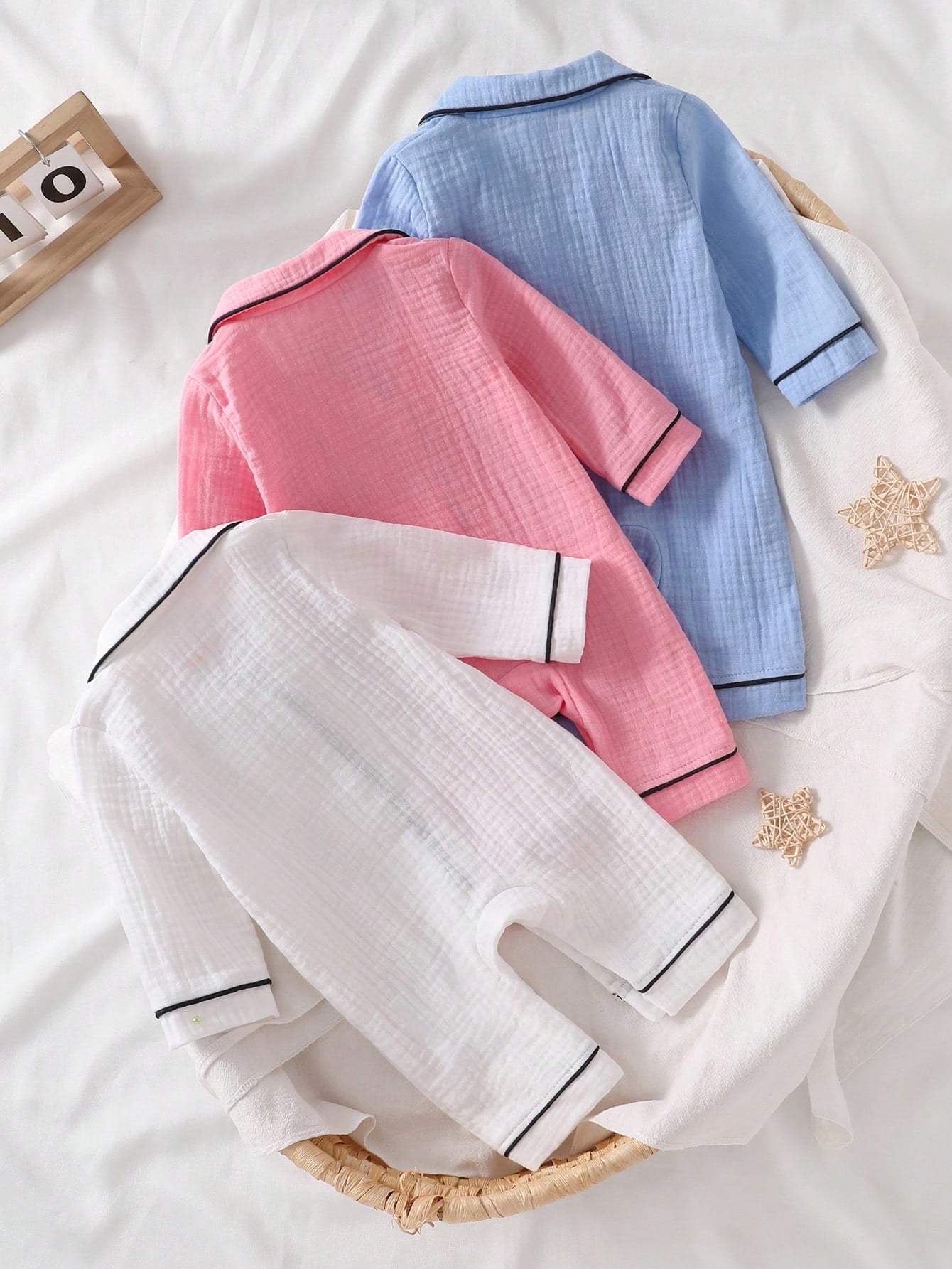 Newborn Home Jumpsuit Pajamas, Cotton Crinkle Fabric With Piping Trim, Soft And Comfortable