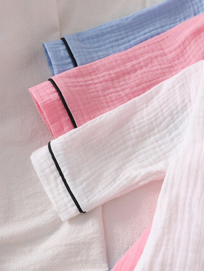 Newborn Home Jumpsuit Pajamas, Cotton Crinkle Fabric With Piping Trim, Soft And Comfortable