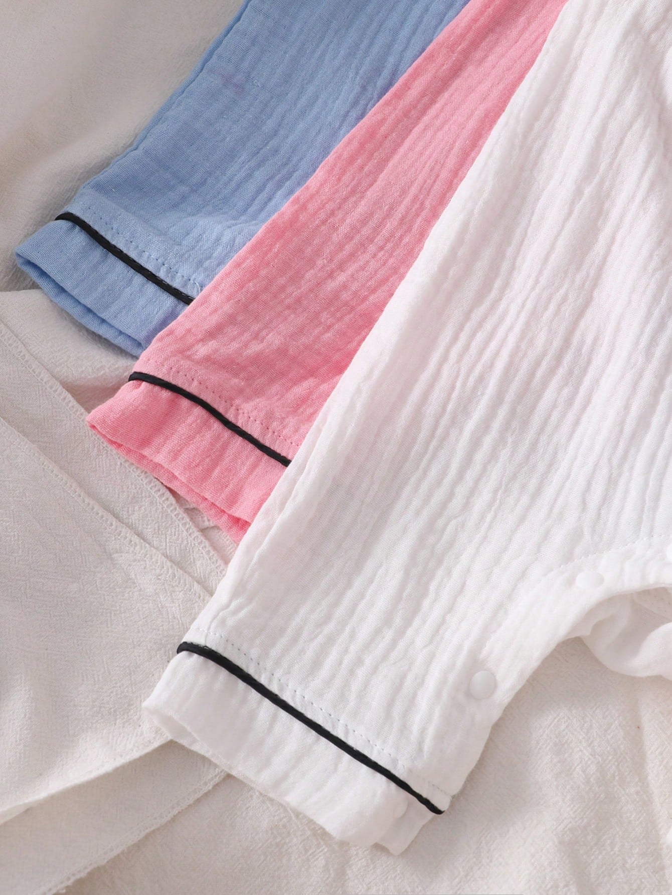 Newborn Home Jumpsuit Pajamas, Cotton Crinkle Fabric With Piping Trim, Soft And Comfortable