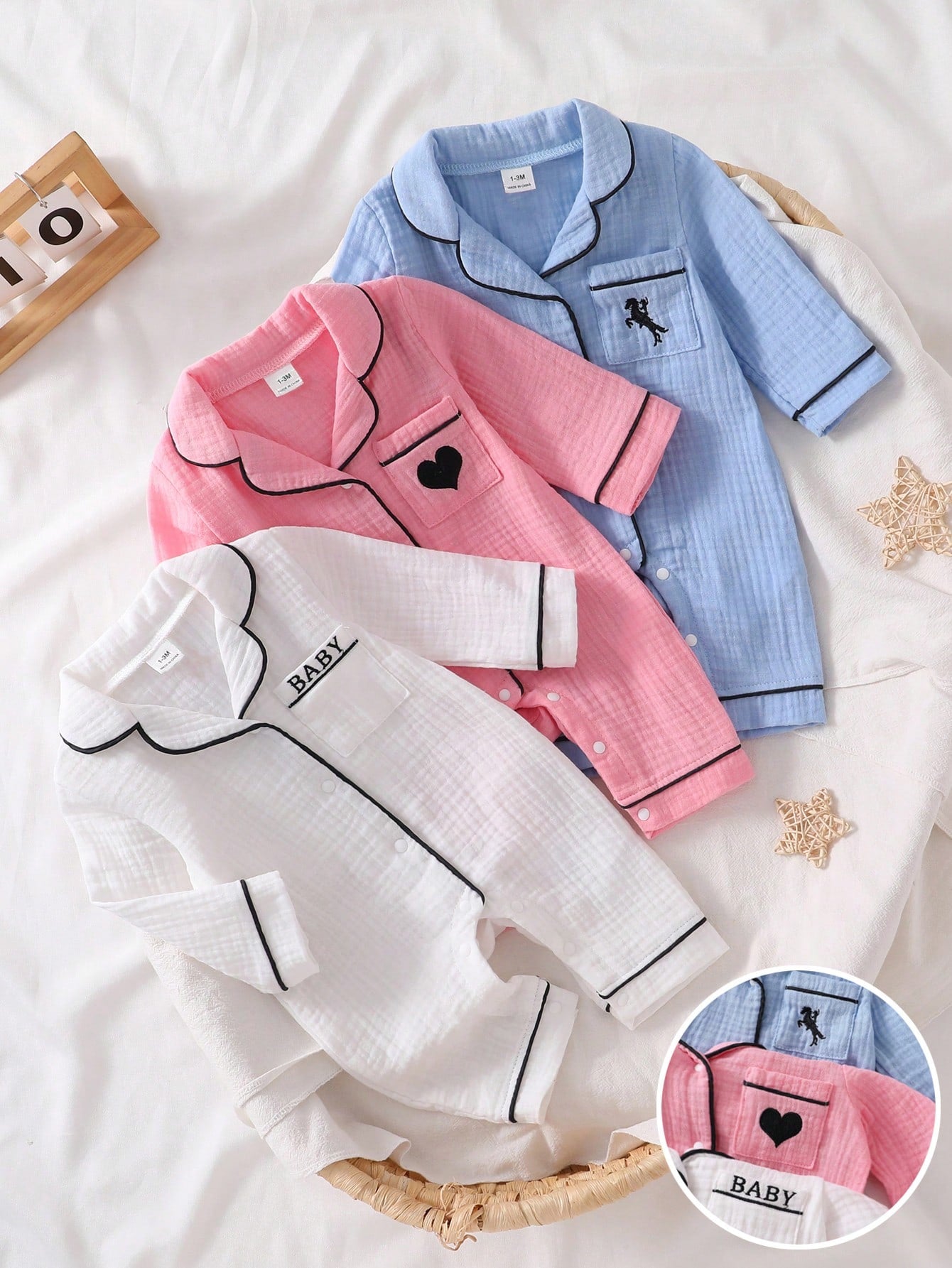 Newborn Home Jumpsuit Pajamas, Cotton Crinkle Fabric With Piping Trim, Soft And Comfortable