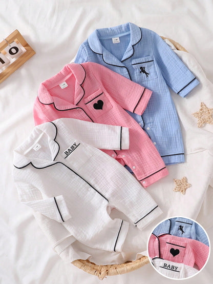 Newborn Home Jumpsuit Pajamas, Cotton Crinkle Fabric With Piping Trim, Soft And Comfortable