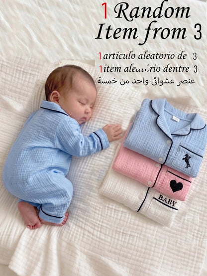 Newborn Home Jumpsuit Pajamas, Cotton Crinkle Fabric With Piping Trim, Soft And Comfortable