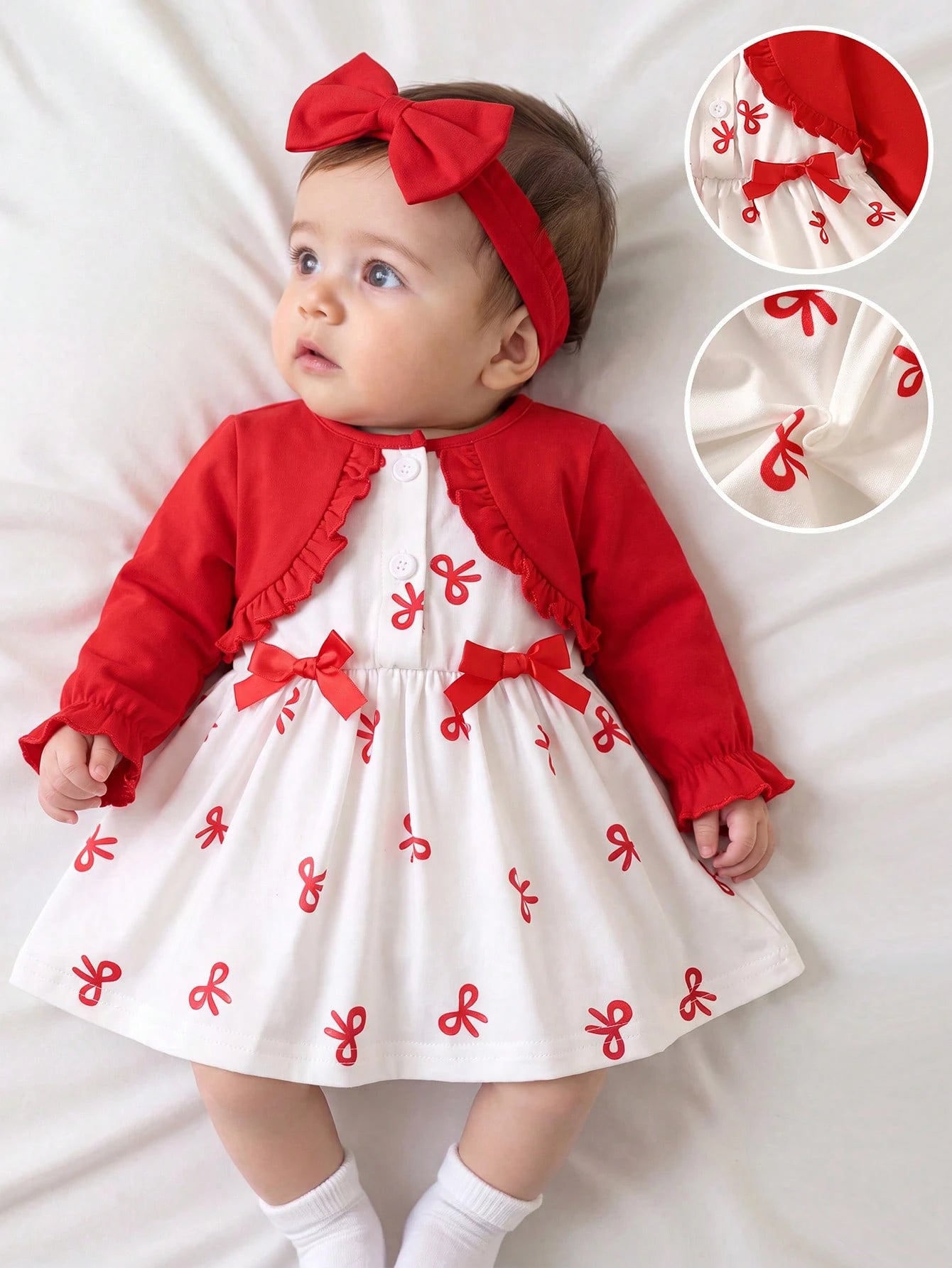 Newly Born Baby Girl Light Pink Long Sleeved Patchwork Floral Bow Dress With Elegant Headband Winter