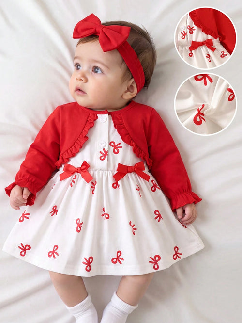 Newly Born Baby Girl Light Pink Long Sleeved Patchwork Floral Bow Dress With Elegant Headband Winter