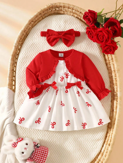 Newly Born Baby Girl Light Pink Long Sleeved Patchwork Floral Bow Dress With Elegant Headband Winter