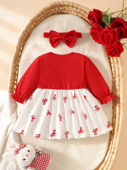 Newly Born Baby Girl Light Pink Long Sleeved Patchwork Floral Bow Dress With Elegant Headband Winter