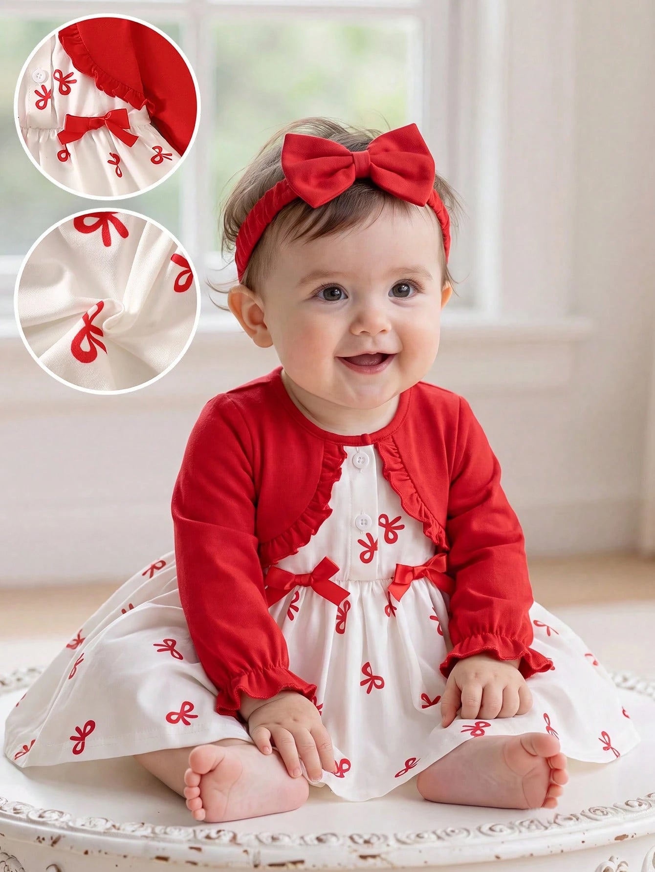 Newly Born Baby Girl Light Pink Long Sleeved Patchwork Floral Bow Dress With Elegant Headband Winter