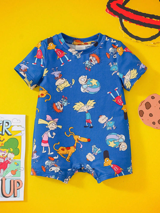 Nick 90s| Baby Boy Cartoon Multi-Character Allover Print Knitted Romper Jumpsuit, Spring/Summer