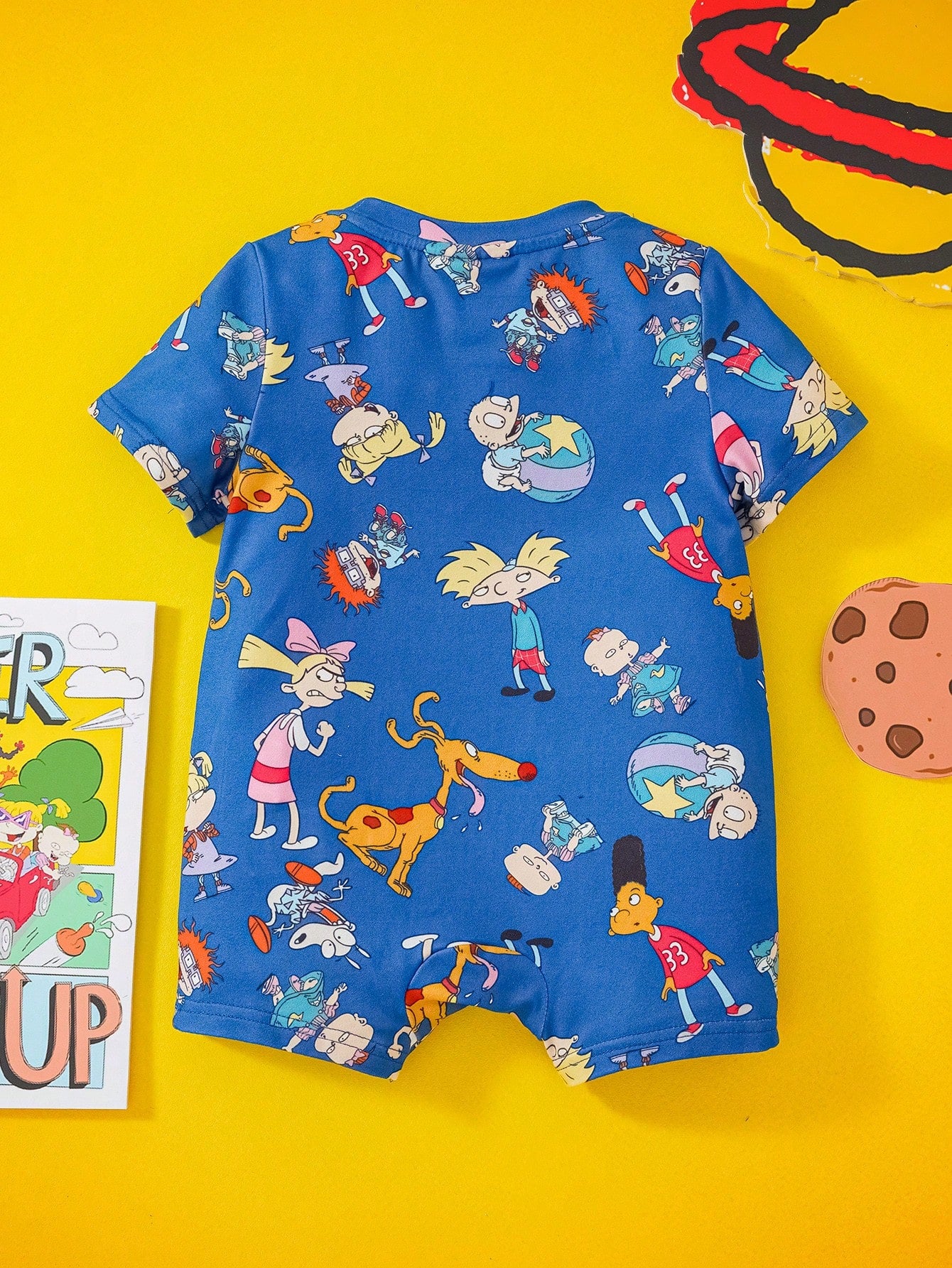 Nick 90s| Baby Boy Cartoon Multi-Character Allover Print Knitted Romper Jumpsuit, Spring/Summer