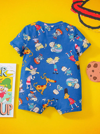 Nick 90s| Baby Boy Cartoon Multi-Character Allover Print Knitted Romper Jumpsuit, Spring/Summer