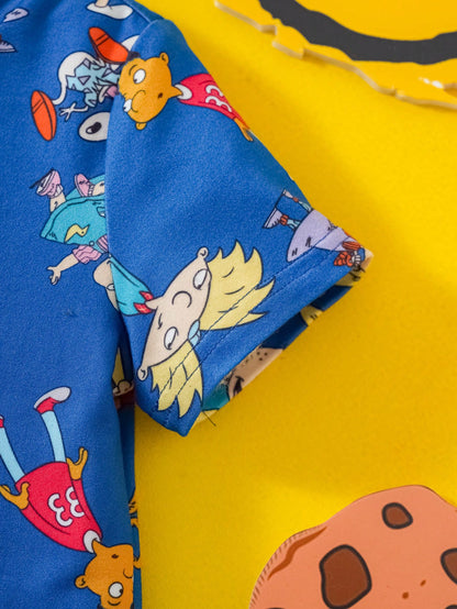 Nick 90s| Baby Boy Cartoon Multi-Character Allover Print Knitted Romper Jumpsuit, Spring/Summer