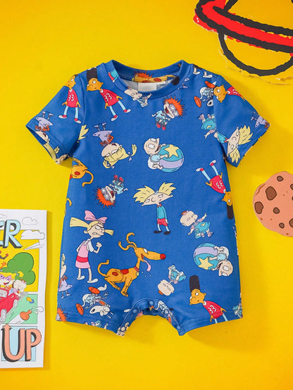 Nick 90s| Baby Boy Cartoon Multi-Character Allover Print Knitted Romper Jumpsuit, Spring/Summer