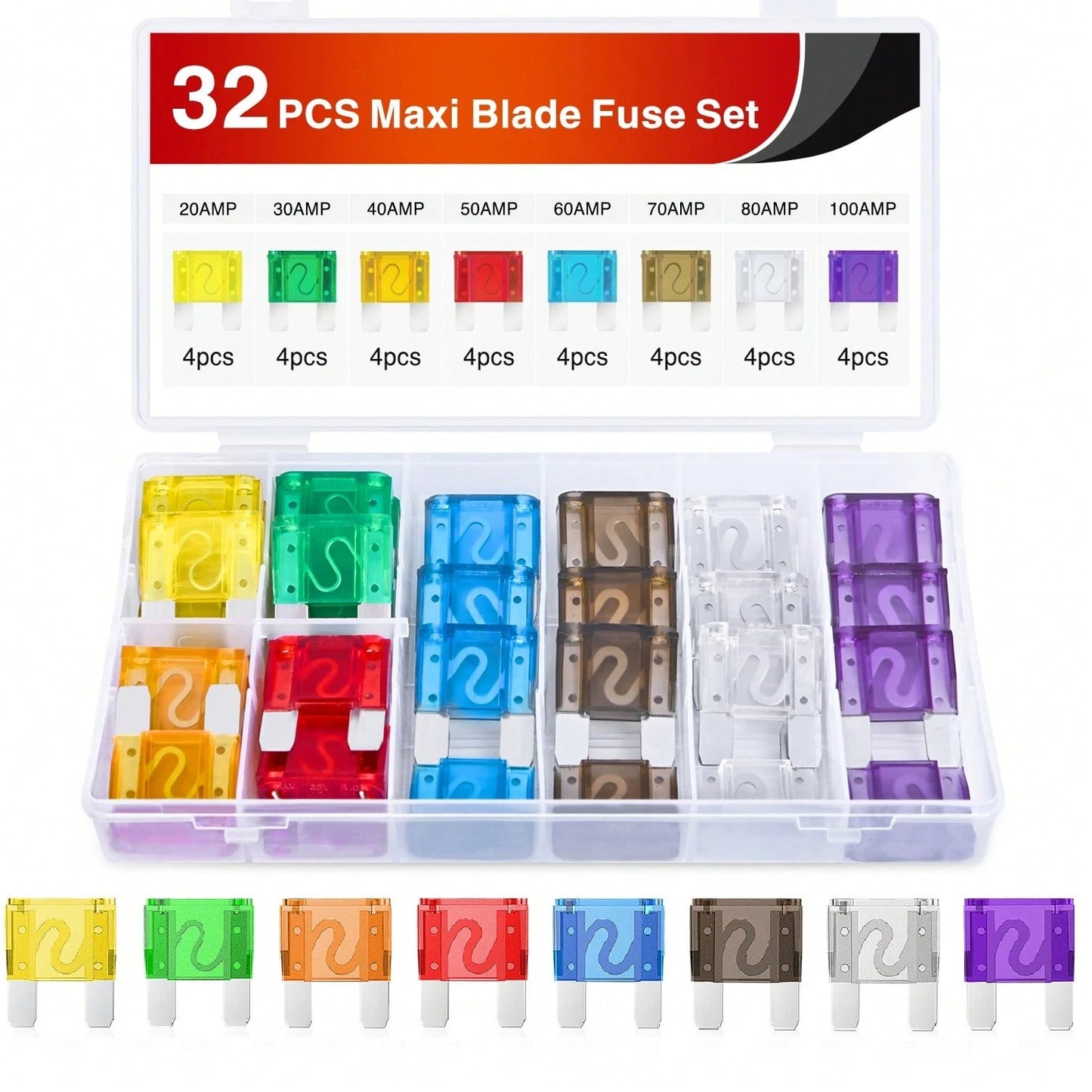 Nilight 32 Pcs Blade Fuses Maxi APX Replacement Fuse 20A 30A 40A 50A 60A 70A 80A 100AMP Assortment Kit For Cars Trucks RVs Boats Automotives Vehicle Campers SUV