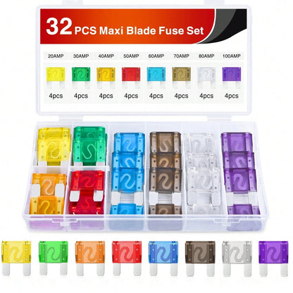 Nilight 32 Pcs Blade Fuses Maxi APX Replacement Fuse 20A 30A 40A 50A 60A 70A 80A 100AMP Assortment Kit For Cars Trucks RVs Boats Automotives Vehicle Campers SUV