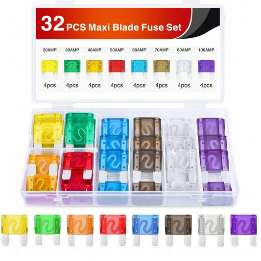 Nilight 32 Pcs Blade Fuses Maxi APX Replacement Fuse 20A 30A 40A 50A 60A 70A 80A 100AMP Assortment Kit For Cars Trucks RVs Boats Automotives Vehicle Campers SUV
