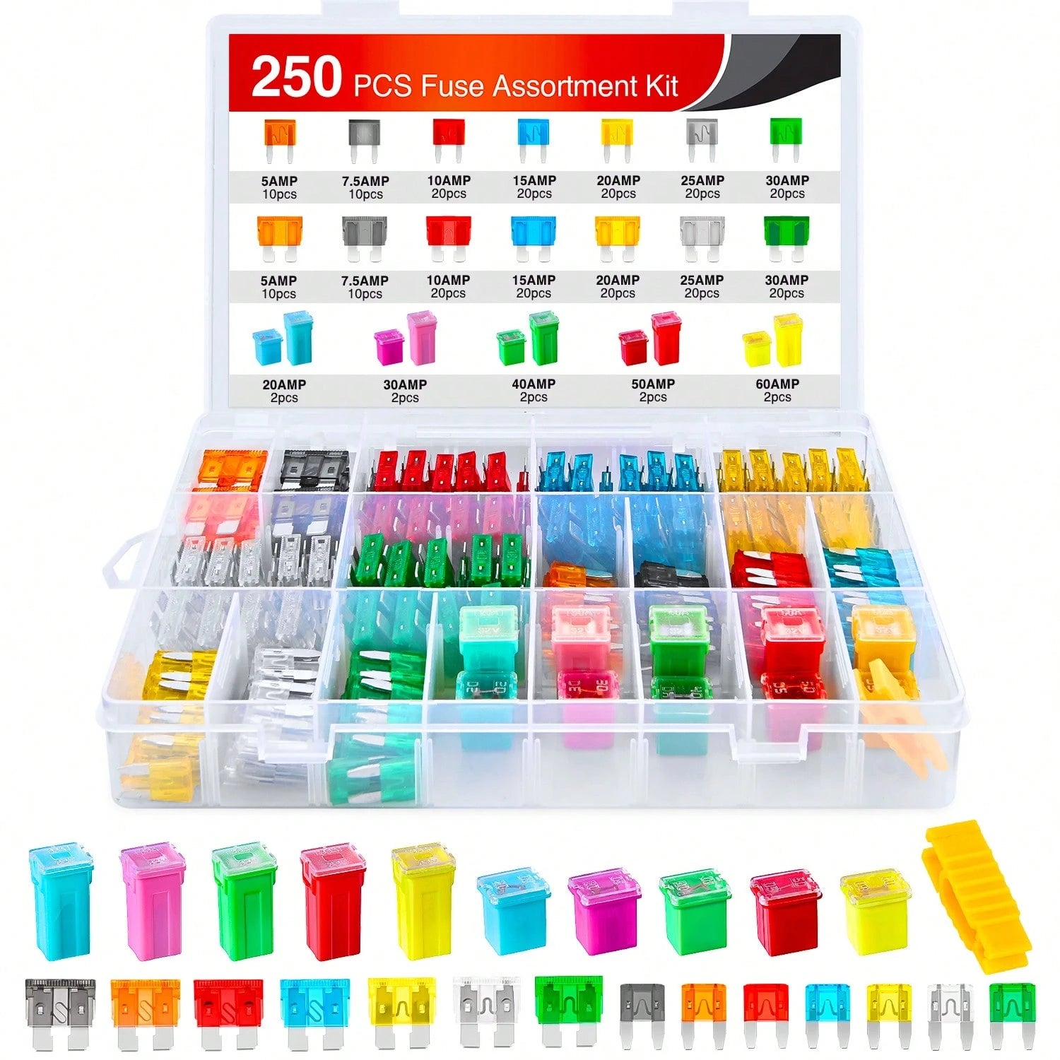Nilight Blade Jcase Car Fuse Assortment Kit 5A 7.5A 10A 15A 20A 25A 30A Standard Mini Fuses 20A 30A 40A 50A 60A Low Tall STD Profile Fuses For Car Truck,250PCS Fuses + Box Fuses
