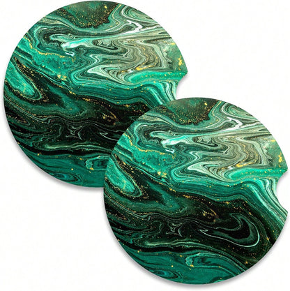 Nipichsha Car Coasters For Cup Holders, 2 Pack Absorbent Ceramic Car Cup Holder Coaster For Drinks, Cute Auto Assecories For Women Men, Size 2.56 In With Finger Notch &Amp; Cork Base, Green Gilt Marbl