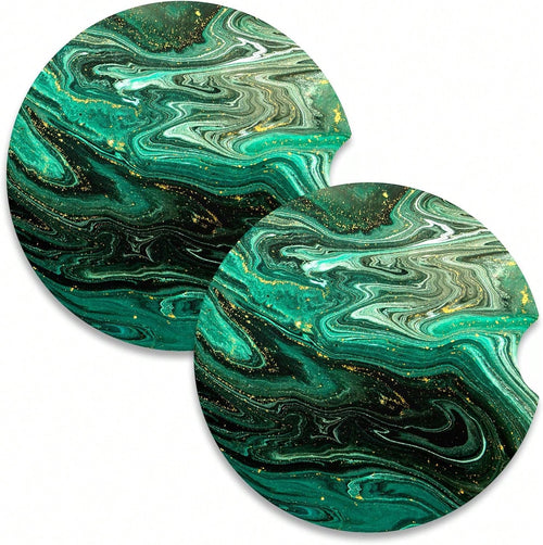 Nipichsha Car Coasters For Cup Holders, 2 Pack Absorbent Ceramic Car Cup Holder Coaster For Drinks, Cute Auto Assecories For Women Men, Size 2.56 In With Finger Notch &Amp; Cork Base, Green Gilt Marbl