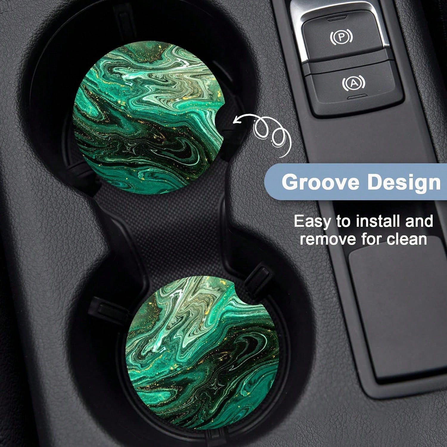 Nipichsha Car Coasters For Cup Holders, 2 Pack Absorbent Ceramic Car Cup Holder Coaster For Drinks, Cute Auto Assecories For Women Men, Size 2.56 In With Finger Notch &Amp; Cork Base, Green Gilt Marbl