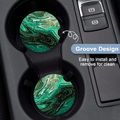 Nipichsha Car Coasters For Cup Holders, 2 Pack Absorbent Ceramic Car Cup Holder Coaster For Drinks, Cute Auto Assecories For Women Men, Size 2.56 In With Finger Notch &Amp; Cork Base, Green Gilt Marbl
