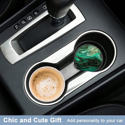 Nipichsha Car Coasters For Cup Holders, 2 Pack Absorbent Ceramic Car Cup Holder Coaster For Drinks, Cute Auto Assecories For Women Men, Size 2.56 In With Finger Notch &Amp; Cork Base, Green Gilt Marbl