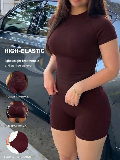 NOIRLYN Women's Summer Burgundy Sports 2 Pieces Set, Slim Fit Round Neck Short Sleeve Top With High Waist Butt-Lifting Shorts Elegant
