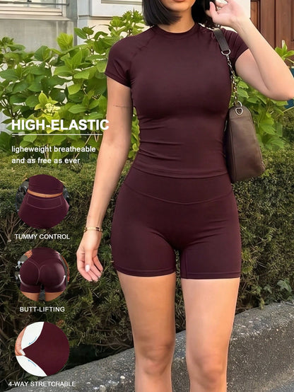 NOIRLYN Women's Summer Burgundy Sports 2 Pieces Set, Slim Fit Round Neck Short Sleeve Top With High Waist Butt-Lifting Shorts Elegant