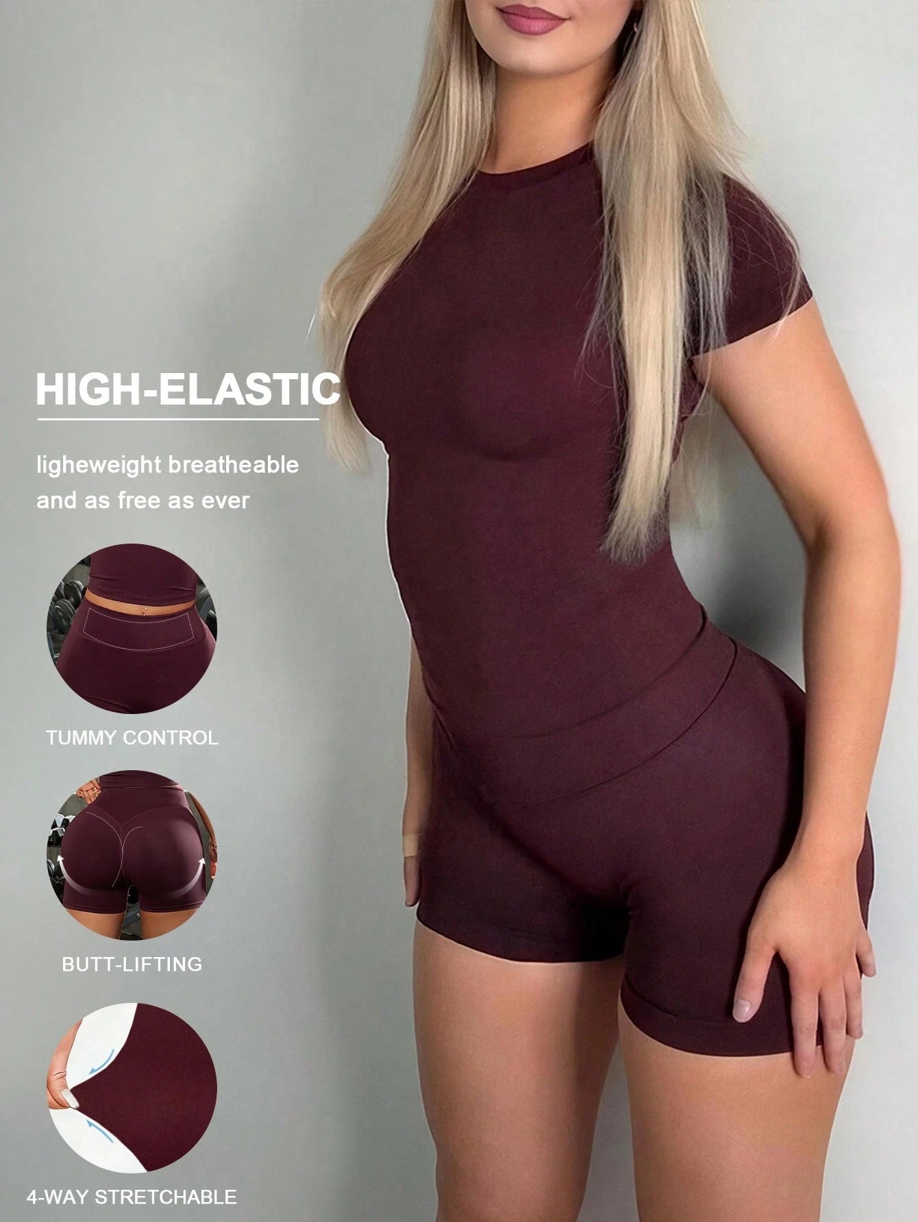 NOIRLYN Women's Summer Burgundy Sports 2 Pieces Set, Slim Fit Round Neck Short Sleeve Top With High Waist Butt-Lifting Shorts Elegant