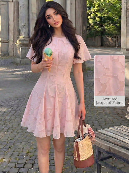 NOVVYNE Women's Spring/Summer Pink Woven Cutout Waist Flare Short Sleeve Romantic Mini Dress Summer Dresses For Women Pink Dress Summer Outfits