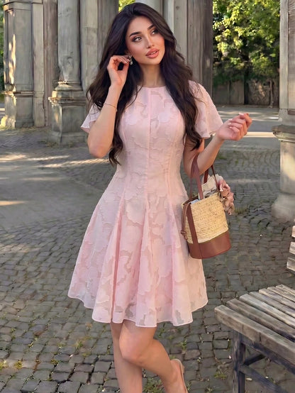 NOVVYNE Women's Spring/Summer Pink Woven Cutout Waist Flare Short Sleeve Romantic Mini Dress Summer Dresses For Women Pink Dress Summer Outfits