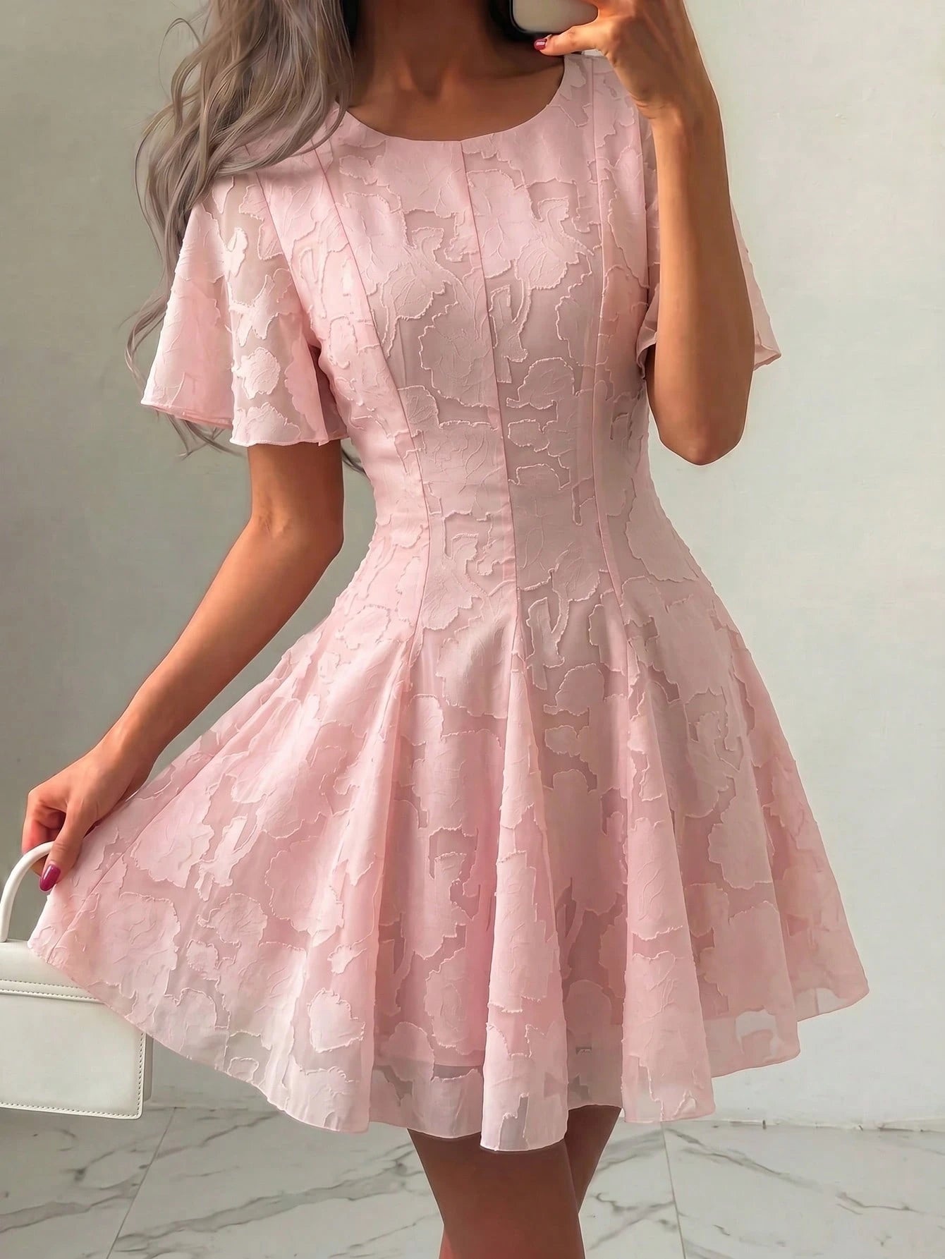 NOVVYNE Women's Spring/Summer Pink Woven Cutout Waist Flare Short Sleeve Romantic Mini Dress Summer Dresses For Women Pink Dress Summer Outfits