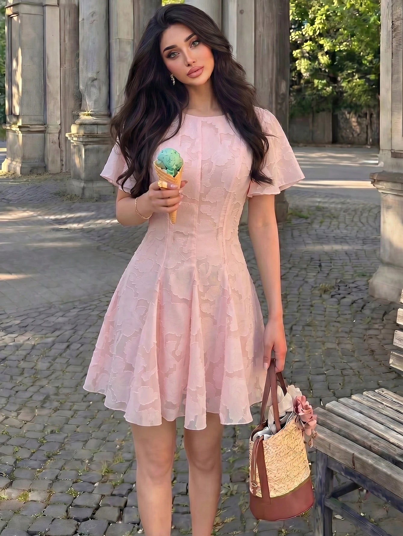 NOVVYNE Women's Spring/Summer Pink Woven Cutout Waist Flare Short Sleeve Romantic Mini Dress Summer Dresses For Women Pink Dress Summer Outfits