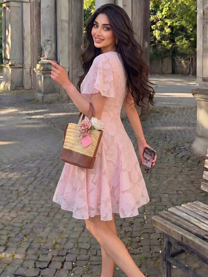 NOVVYNE Women's Spring/Summer Pink Woven Cutout Waist Flare Short Sleeve Romantic Mini Dress Summer Dresses For Women Pink Dress Summer Outfits