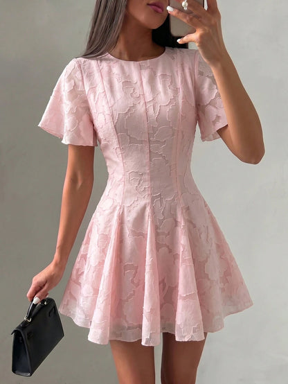NOVVYNE Women's Spring/Summer Pink Woven Cutout Waist Flare Short Sleeve Romantic Mini Dress Summer Dresses For Women Pink Dress Summer Outfits