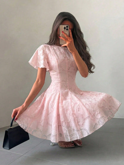 NOVVYNE Women's Spring/Summer Pink Woven Cutout Waist Flare Short Sleeve Romantic Mini Dress Summer Dresses For Women Pink Dress Summer Outfits