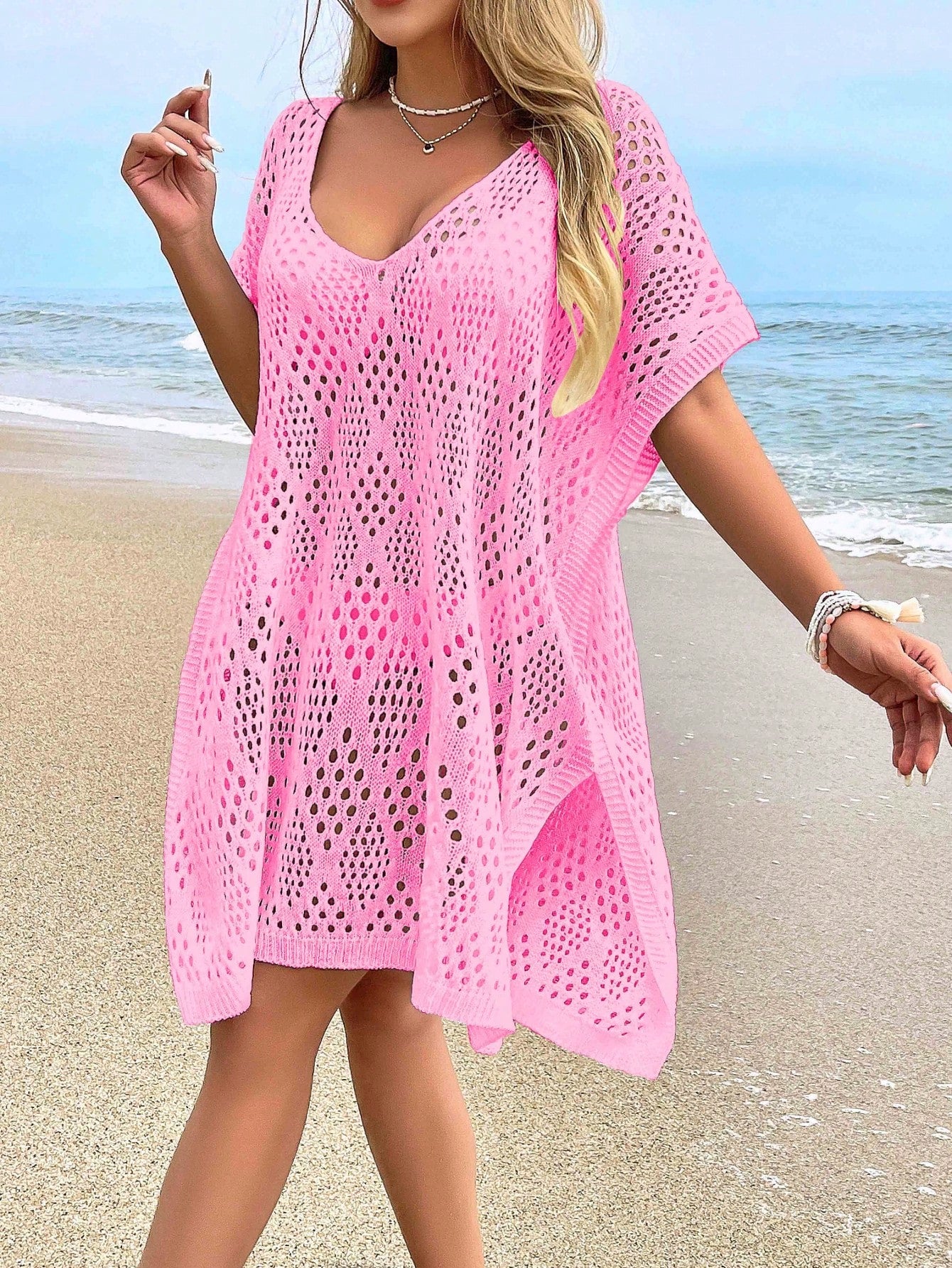 NZZOF Plus Size Women's Fashion Casual Hollow Out Cover Up Top (Swimsuit Not Included) Vacation Beach Pink Summer