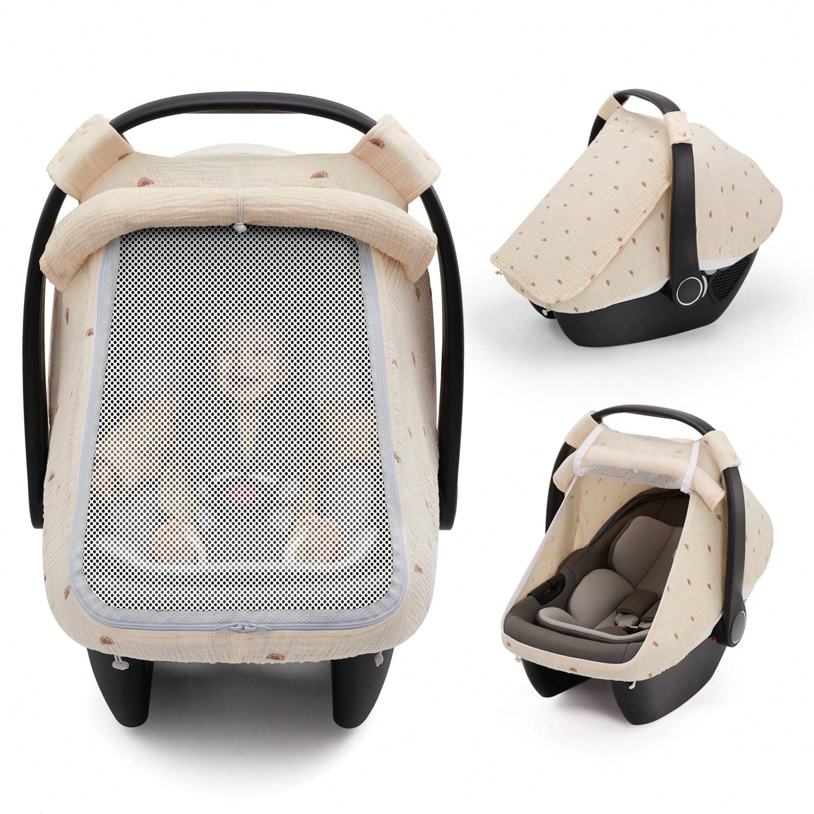 Oaoleer 1PC Car Seat Cover Baby, Carseat Covers Girl Boy, Breathable Muslin Cotton, Large Mesh Window, Infant Car Seat Canopy Baby Carrier Cover