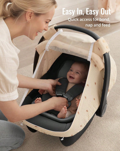 Oaoleer 1PC Car Seat Cover Baby, Carseat Covers Girl Boy, Breathable Muslin Cotton, Large Mesh Window, Infant Car Seat Canopy Baby Carrier Cover