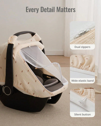 Oaoleer 1PC Car Seat Cover Baby, Carseat Covers Girl Boy, Breathable Muslin Cotton, Large Mesh Window, Infant Car Seat Canopy Baby Carrier Cover