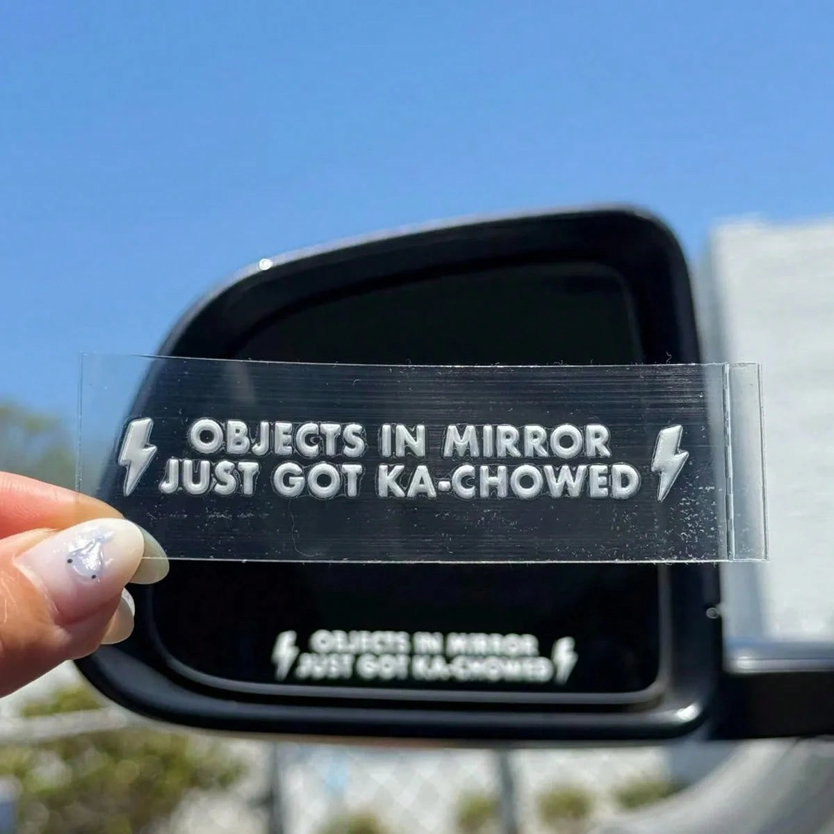 "OBJECTS IN MIRROR JUST GOT KA-CHOWED" Rearview Mirror Stickers-Durable Plastic, Automotive Mirror Waterproof Coating Stickers, Automotive Parts