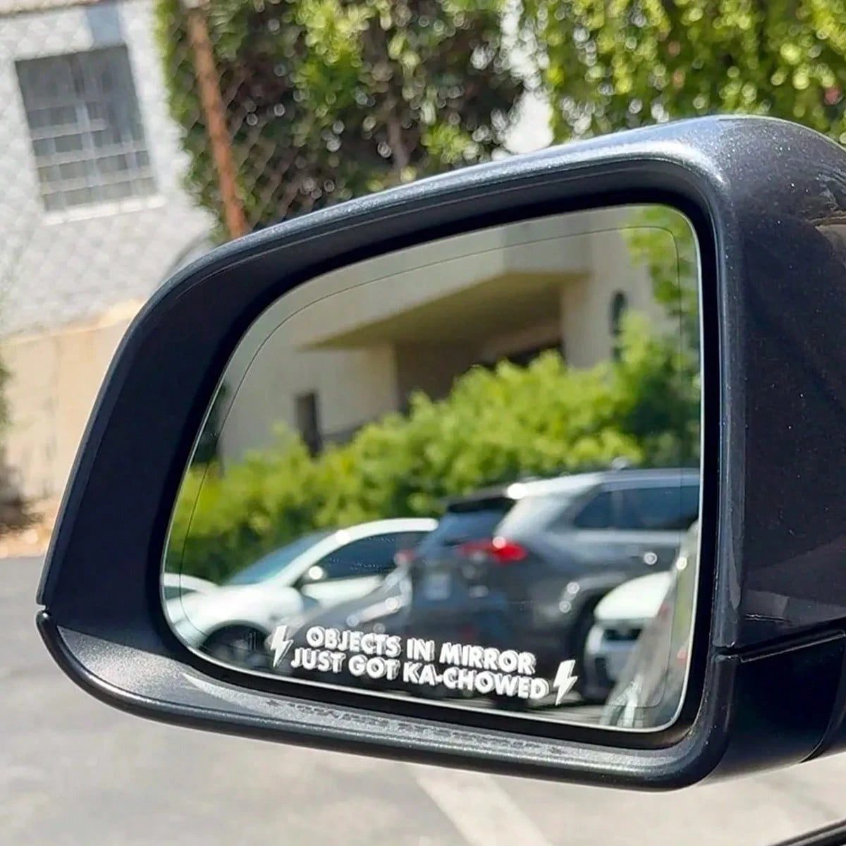 "OBJECTS IN MIRROR JUST GOT KA-CHOWED" Rearview Mirror Stickers-Durable Plastic, Automotive Mirror Waterproof Coating Stickers, Automotive Parts